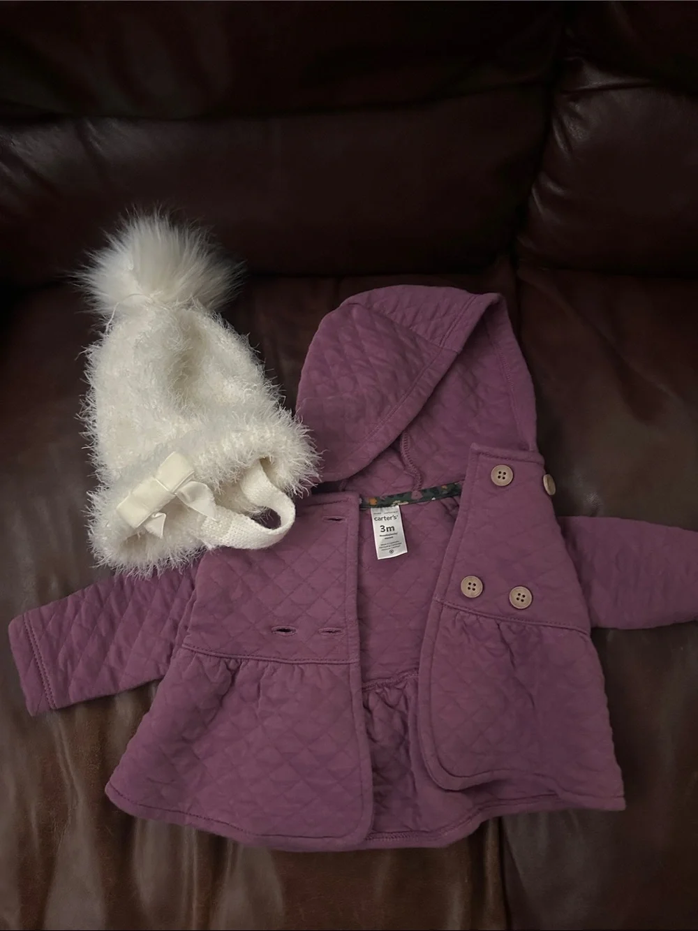 Carter's Quilted Hooded Puffer Jacket in Mauve and fuzzy hat